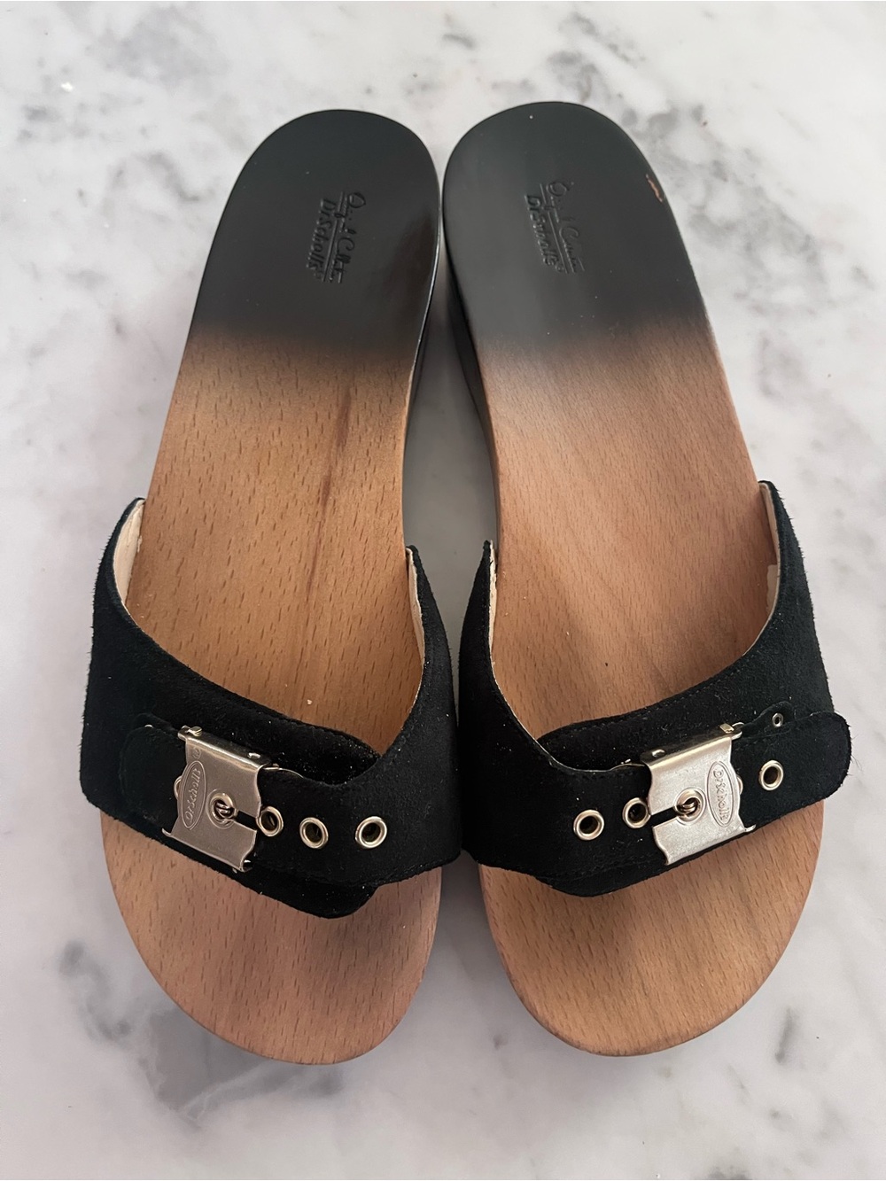 Dr. Scholl’s Black Suede Slide Sandals with Ombré and Silver Buckle -Size 8